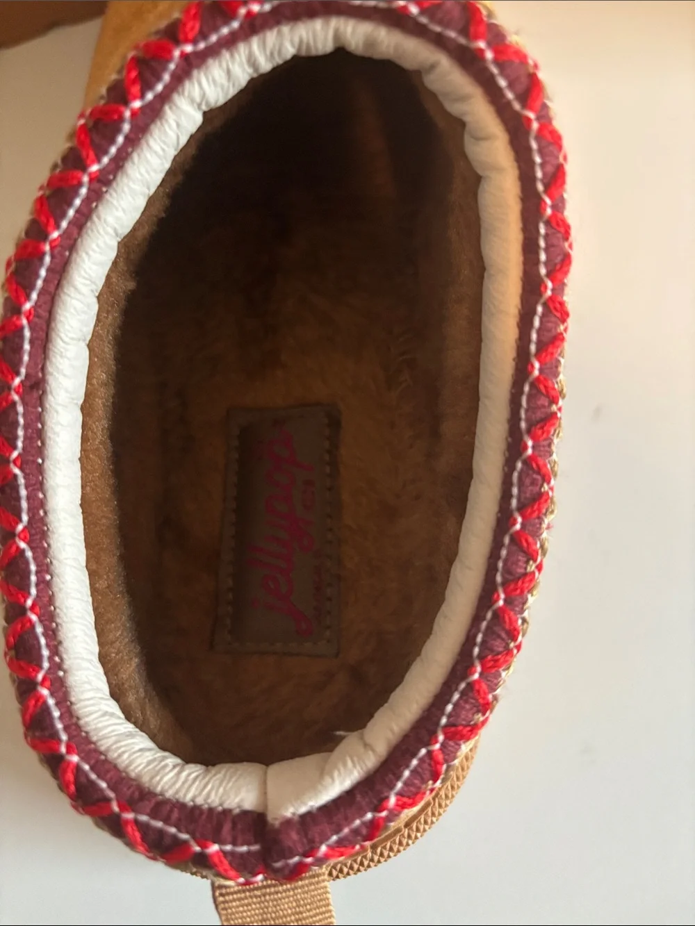 Jellypop Tan Suede Kids Slip-On Slippers with Red Trim